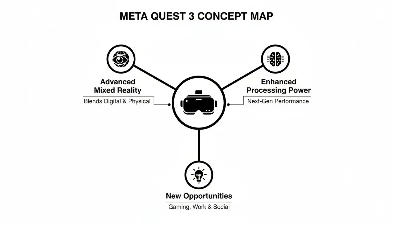A concept map illustrating Meta Quest 3 features: mixed reality, enhanced power, and new opportunities.