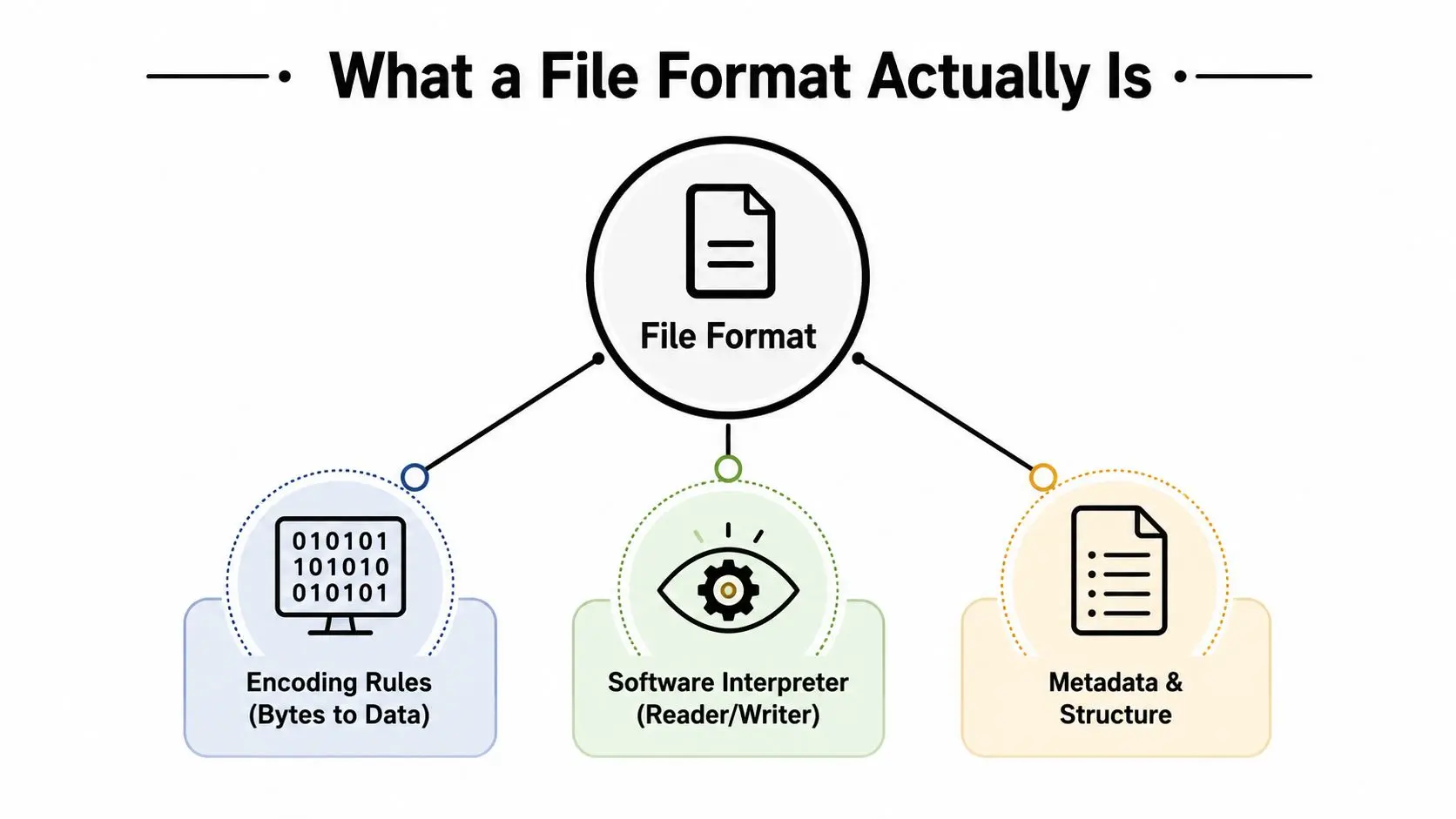 A diagram illustrating that file formats consist of encoding rules, software interpreters, and metadata with structure.