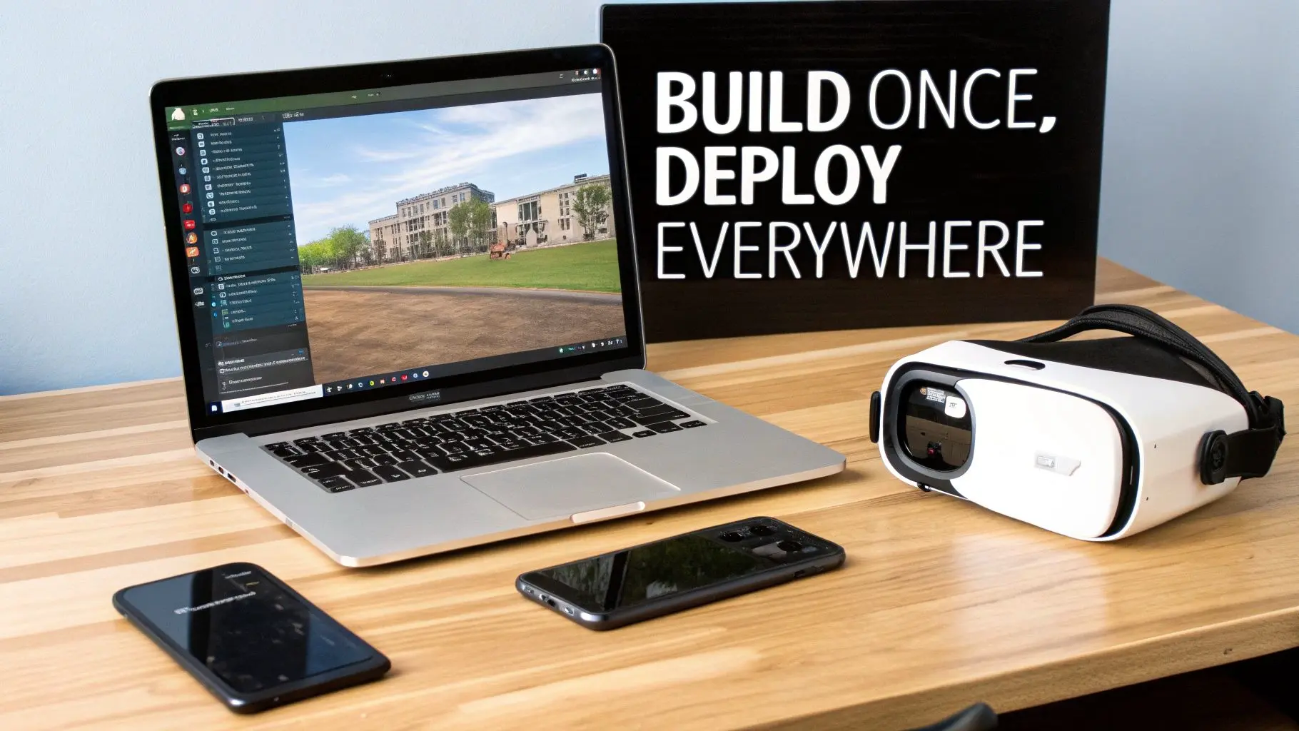 Laptop, VR headset, and smartphones on a wooden desk with a 'BUILD ONCE, DEPLOY EVERYWHERE' sign.