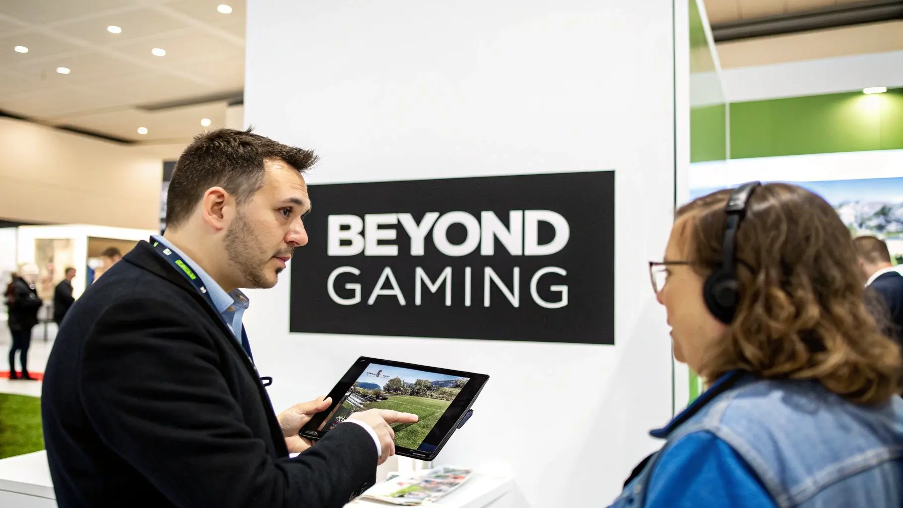 A man shows a game on a tablet to a woman with headphones at a 'Beyond Gaming' exhibition.