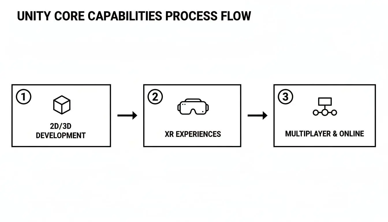 A black and white diagram illustrating Unity's core capabilities process flow: 2D/3D development, XR experiences, and multiplayer & online.