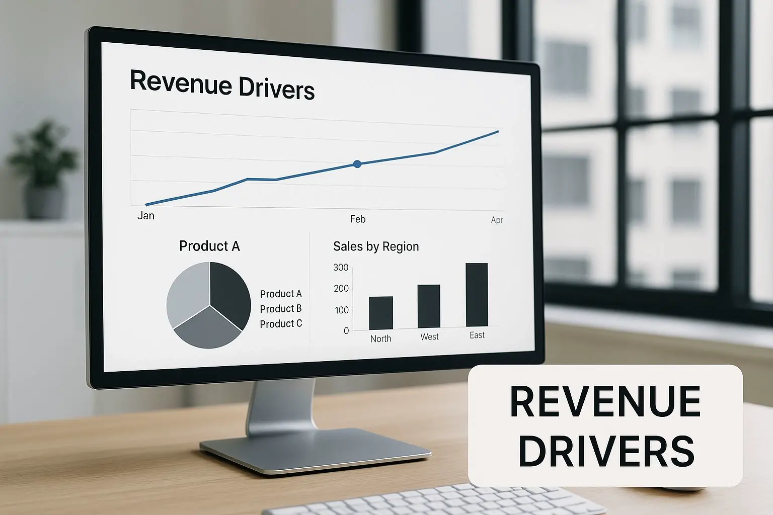 A dashboard on a computer screen in a modern office, showing rising graphs and metrics with a text block in the corner that reads 'Revenue Drivers'.