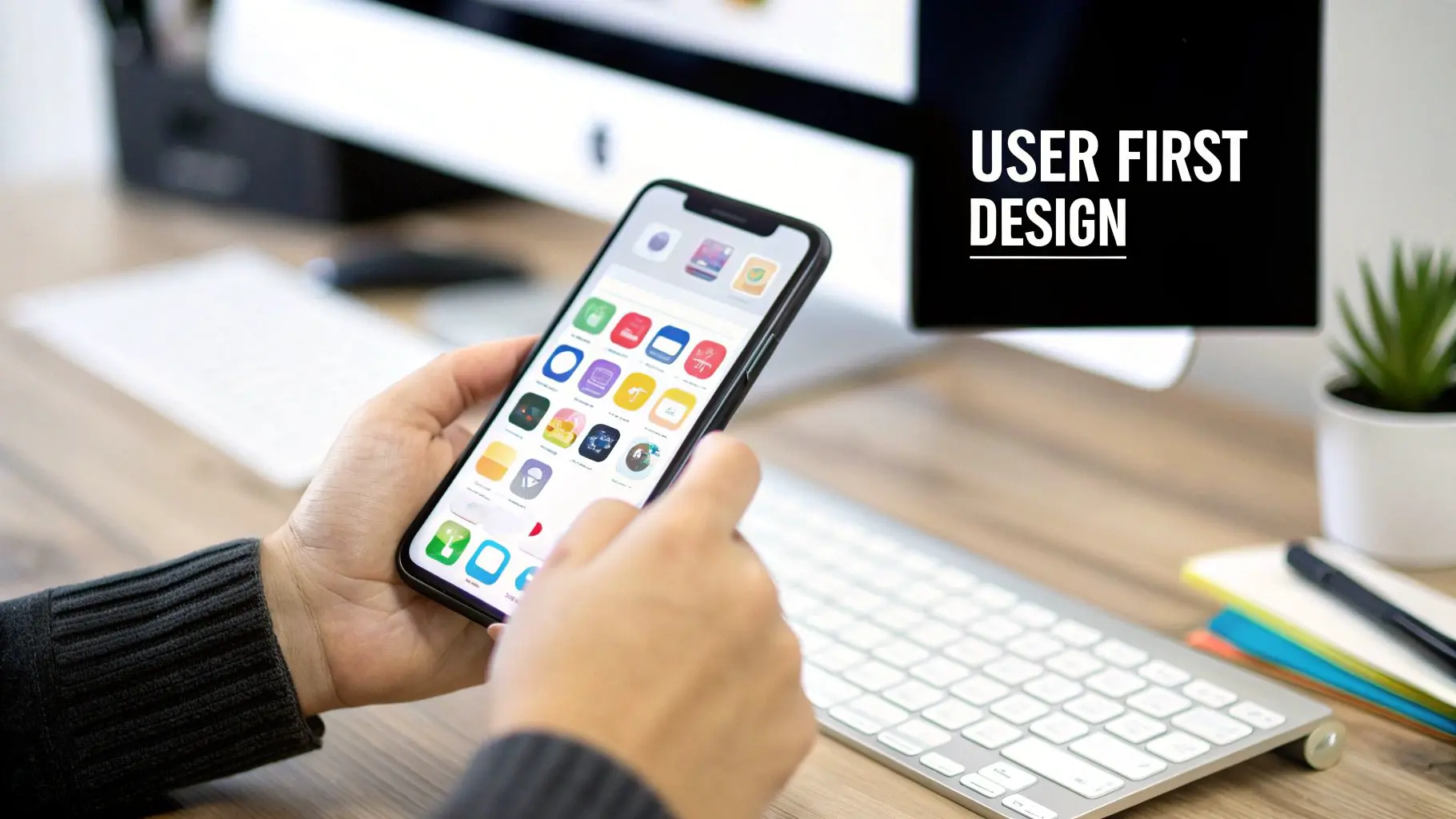 A person is holding a smartphone displaying colorful app icons. A computer screen shows 'USER FIRST DESIGN'.