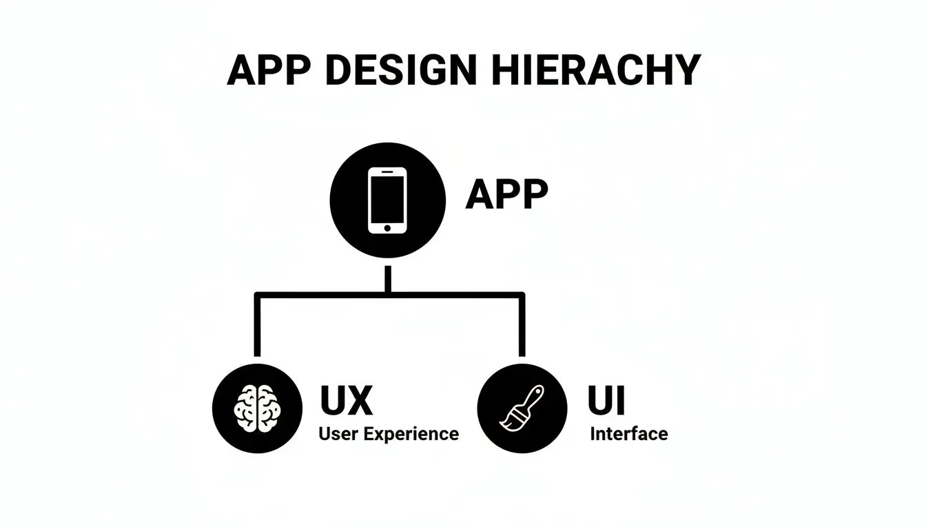 A diagram showing the app design hierarchy, where an app is broken down into UX and UI components.