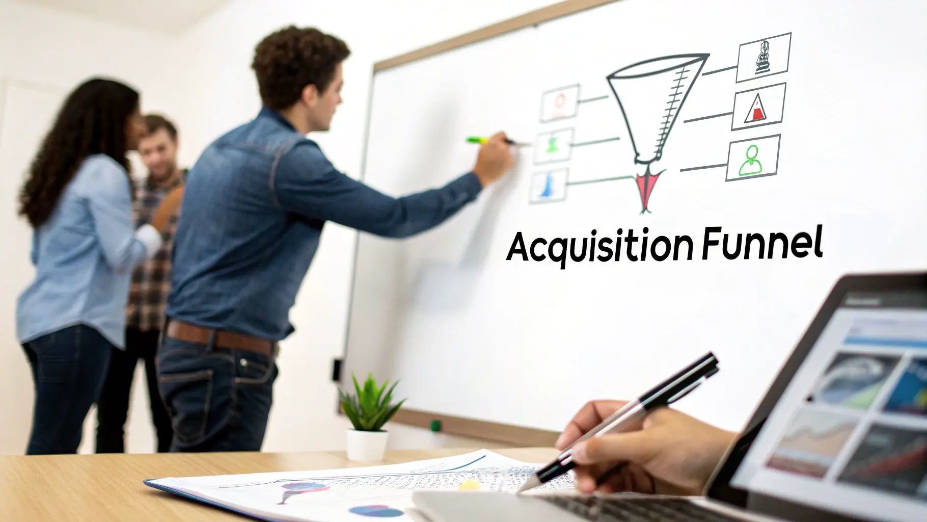 A team collaborates on an acquisition funnel diagram drawn on a whiteboard in a meeting.