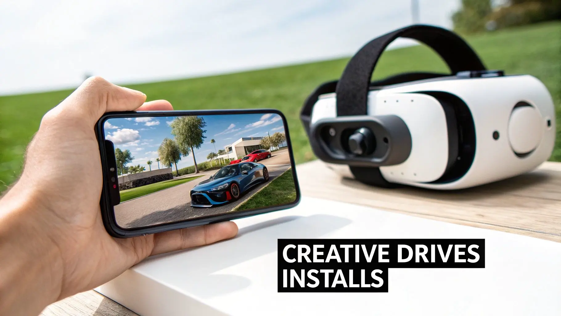 A hand holds a smartphone displaying virtual sports cars on a road, with a VR headset resting nearby.