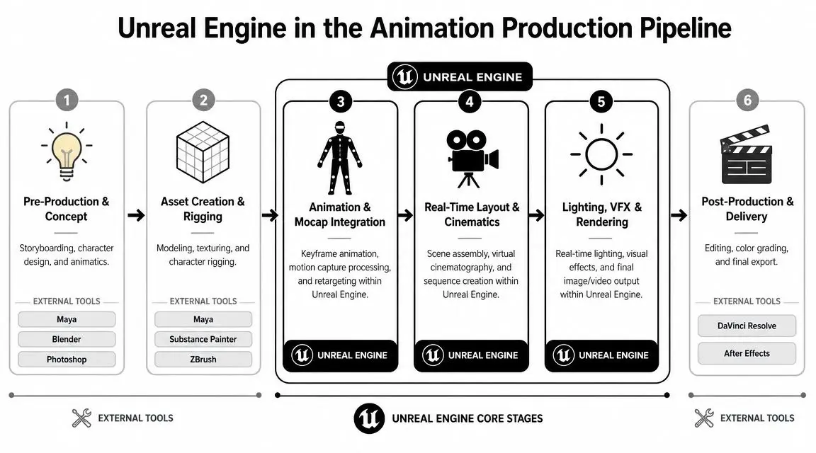 A diagram illustrating the Unreal Engine animation production pipeline divided into six core development stages.