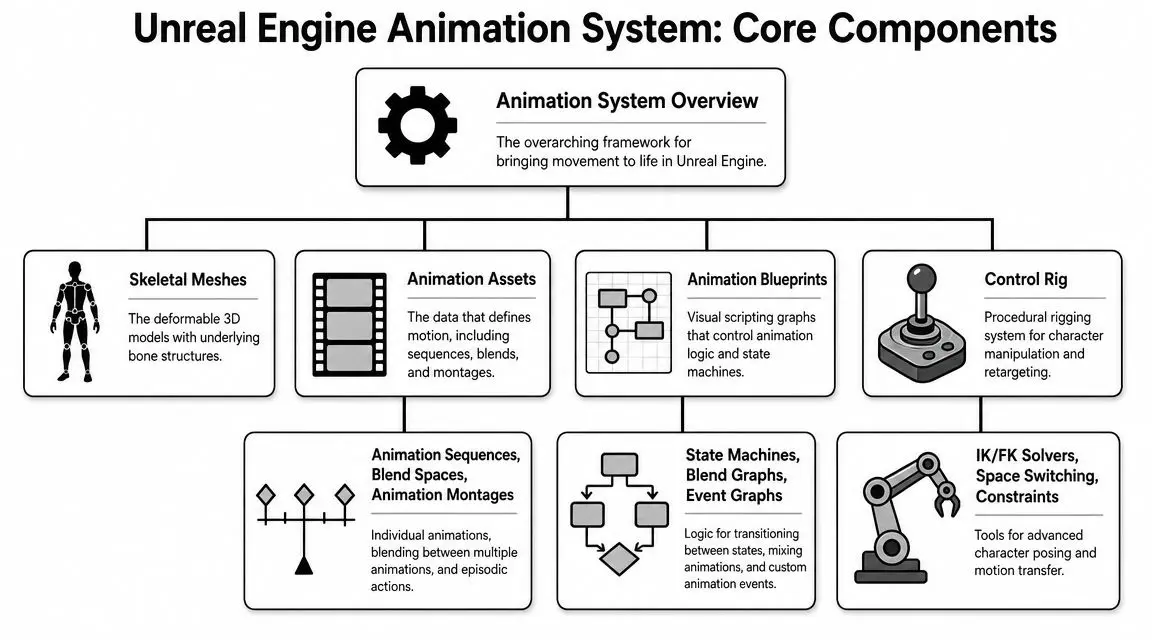 A diagram illustrating the core components of the Unreal Engine animation system, including meshes, assets, and blueprints.