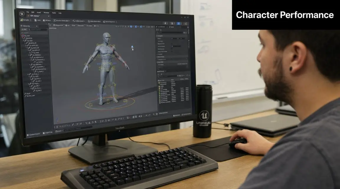 A 3D animator working on character animation using the Unreal Engine software interface on a desktop computer.