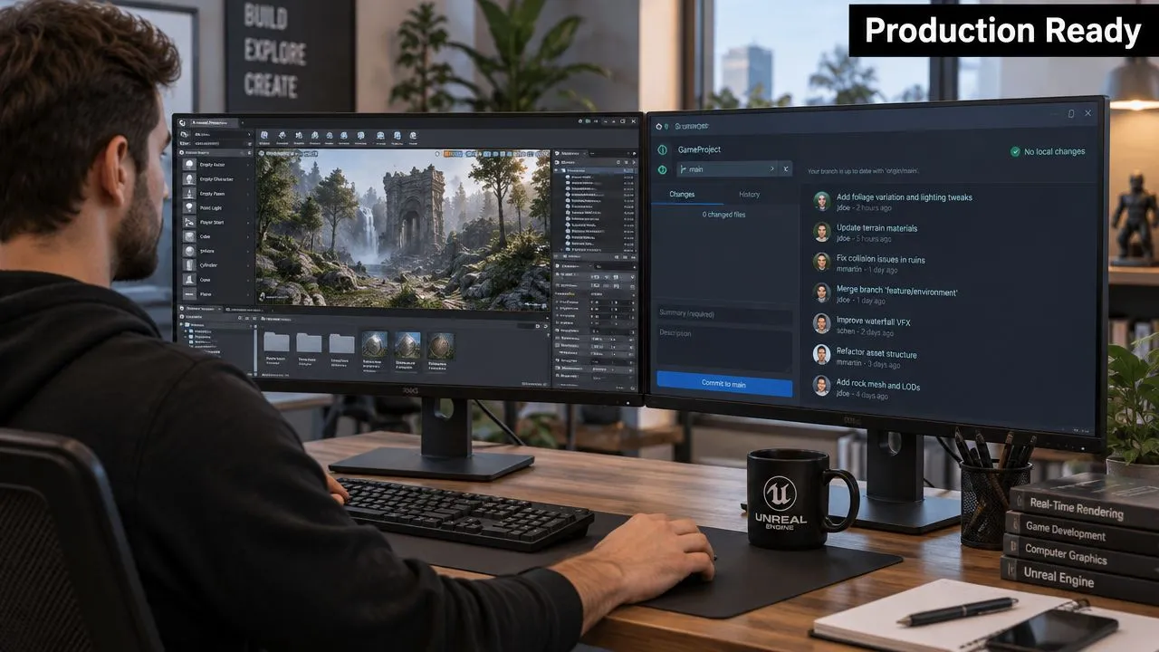 A professional game developer working on a project using Unreal Engine on a dual monitor setup.