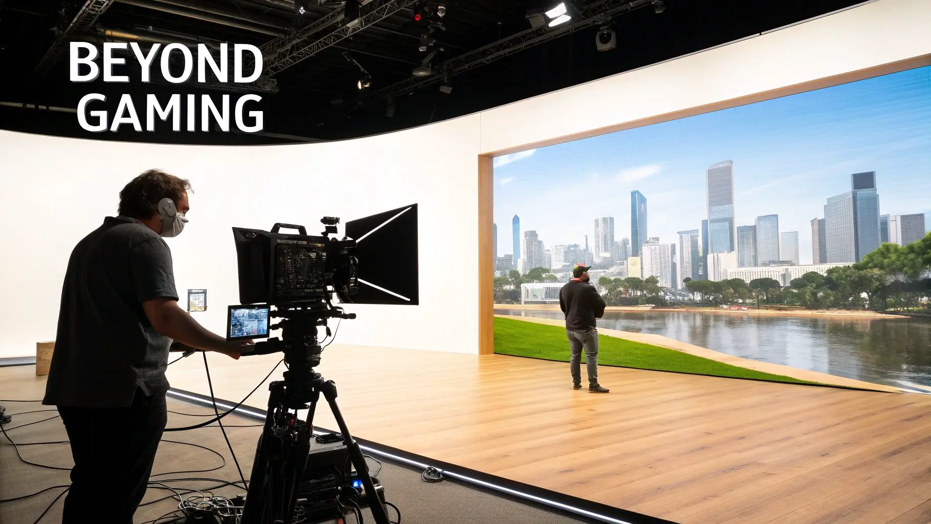 A film set with a camera operator, a person on a virtual production stage with a cityscape on an LED screen.