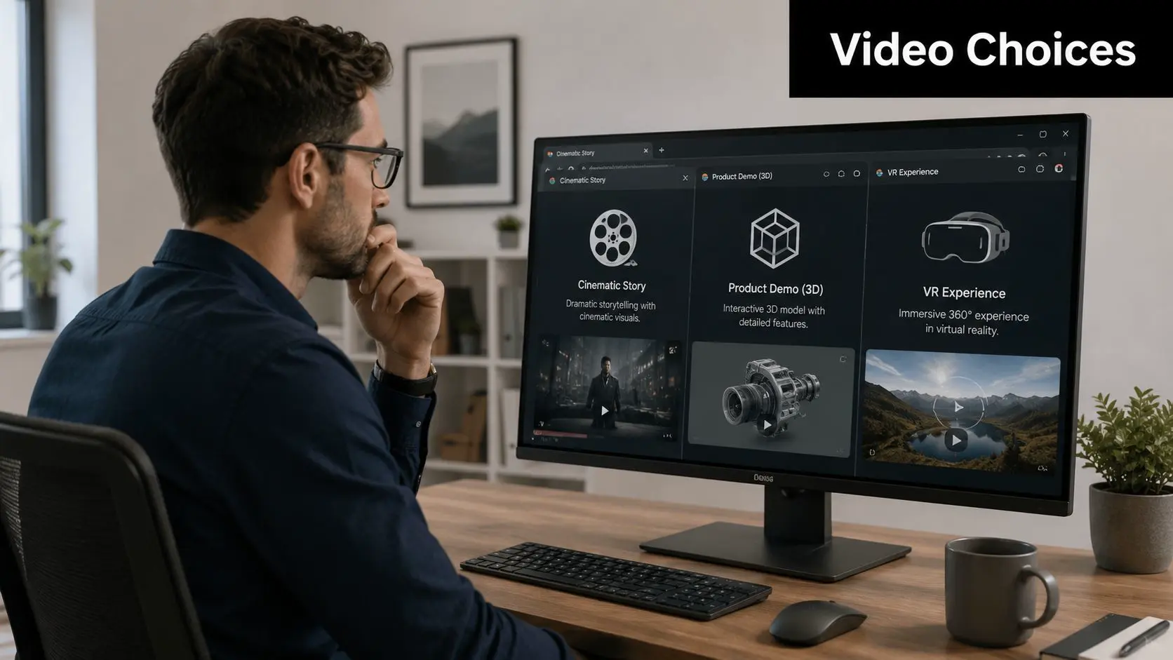 A professional man sitting at a desk looking at a monitor displaying various video production options.