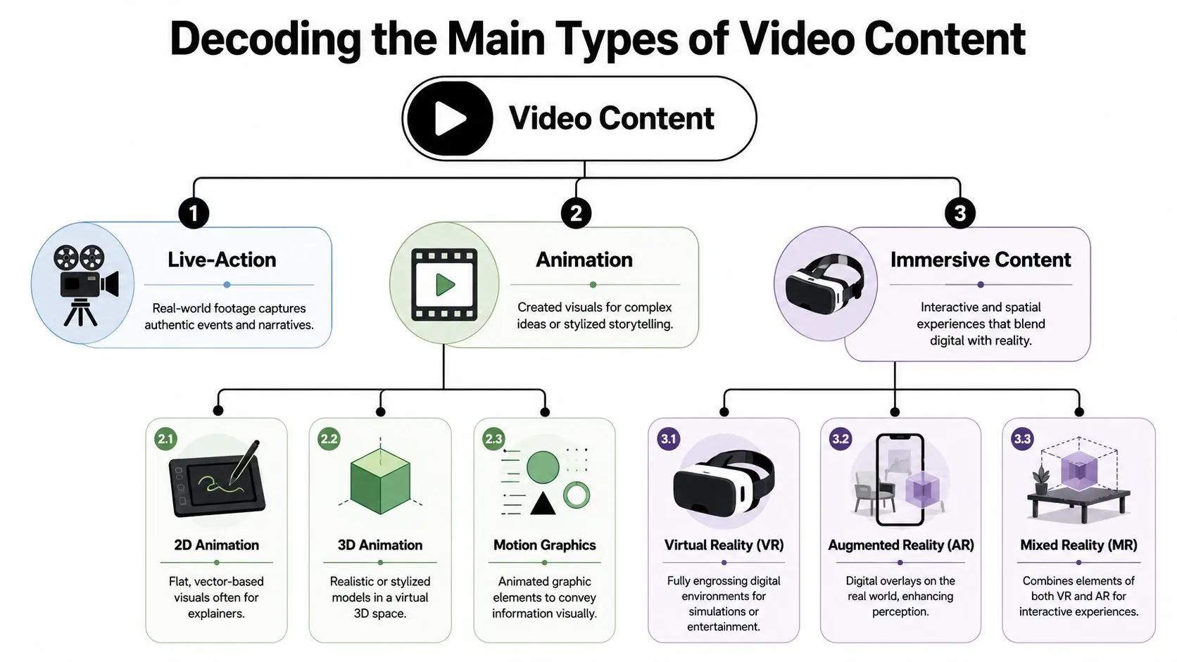 A chart illustrating different categories of video content including live-action, animation, and various immersive media types.