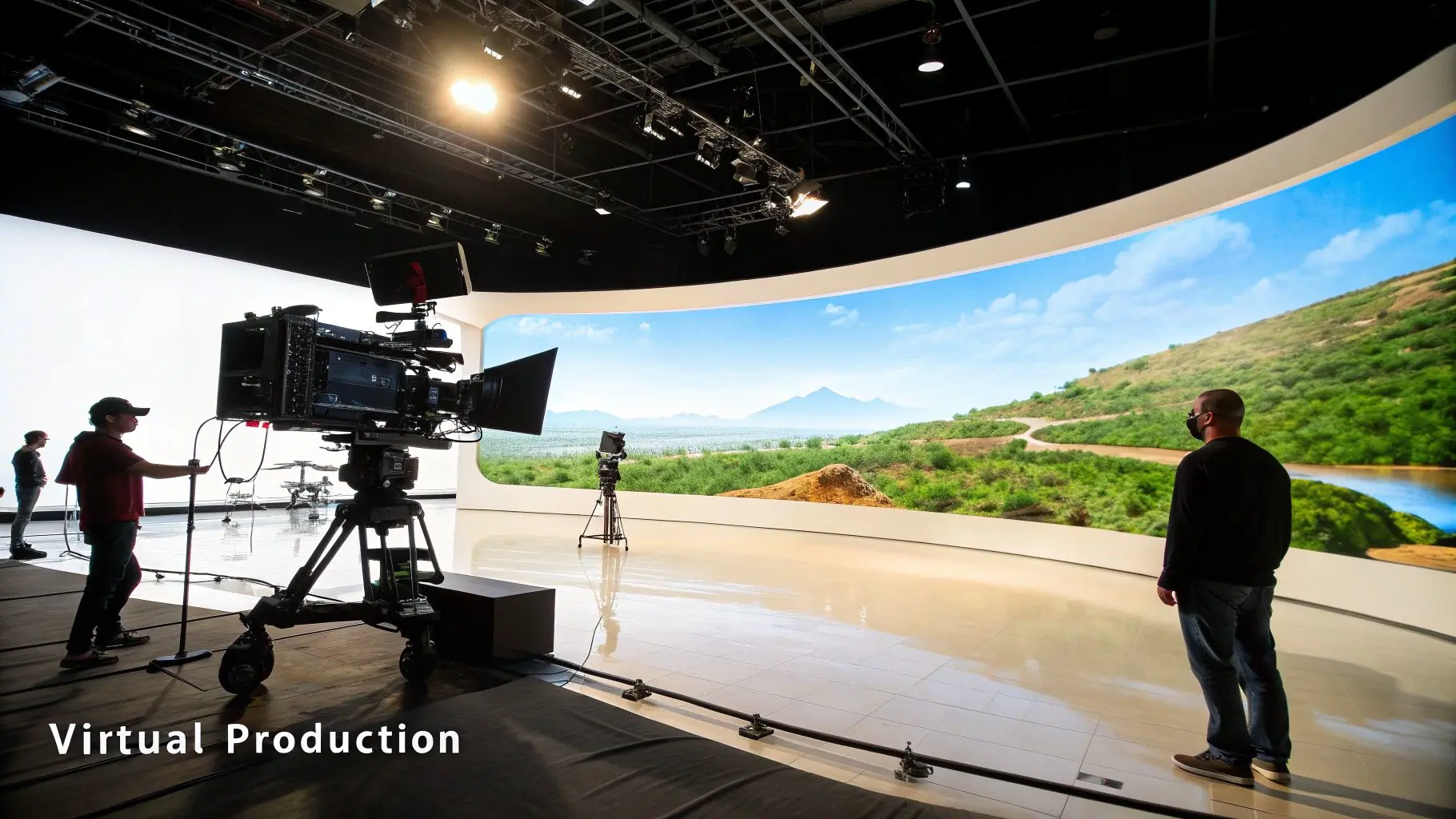 A professional virtual production studio setup with a large LED screen displaying a natural landscape, camera, and crew.