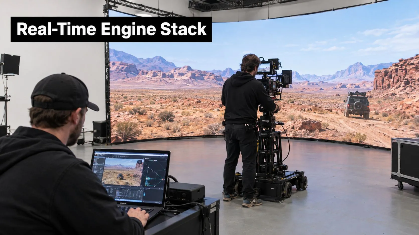 A film technician operating a laptop to control virtual background imagery on a large LED studio screen.