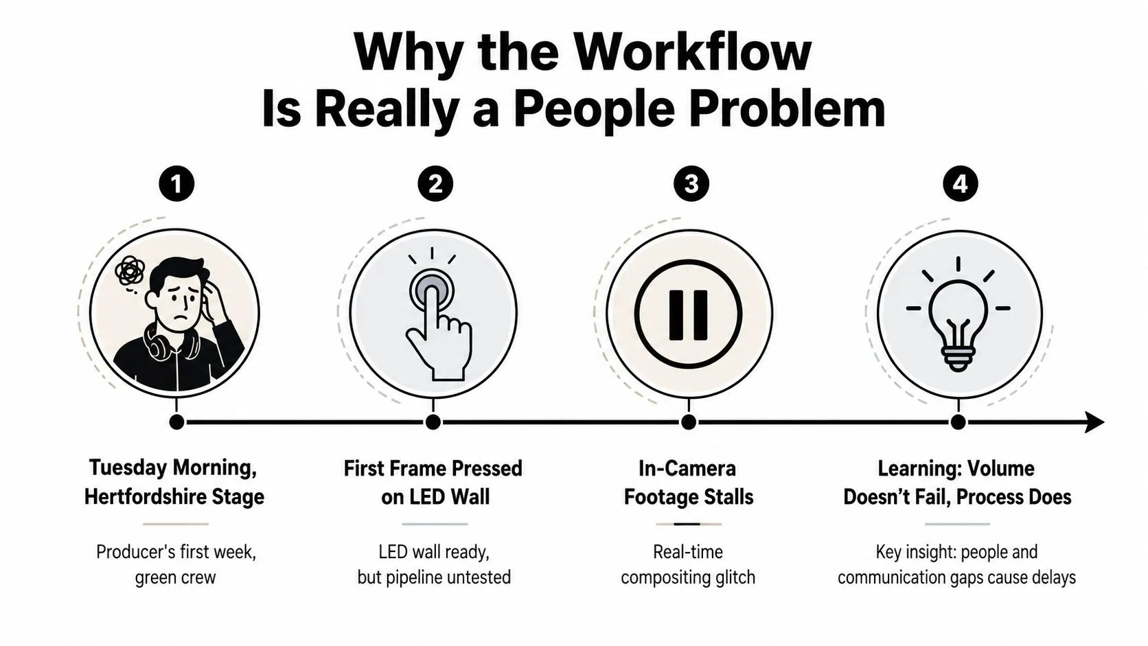 A four-step infographic explaining why virtual production workflow issues are often caused by human factors.