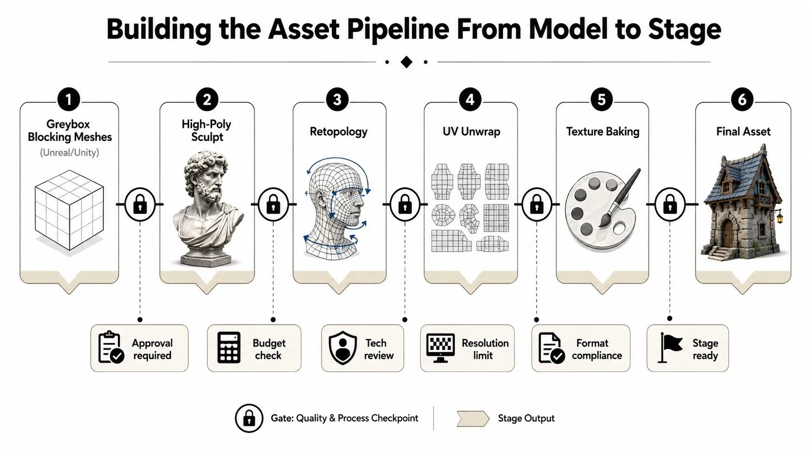 A diagram outlining a six-stage asset pipeline process for 3D modeling, from blocking meshes to final assets.