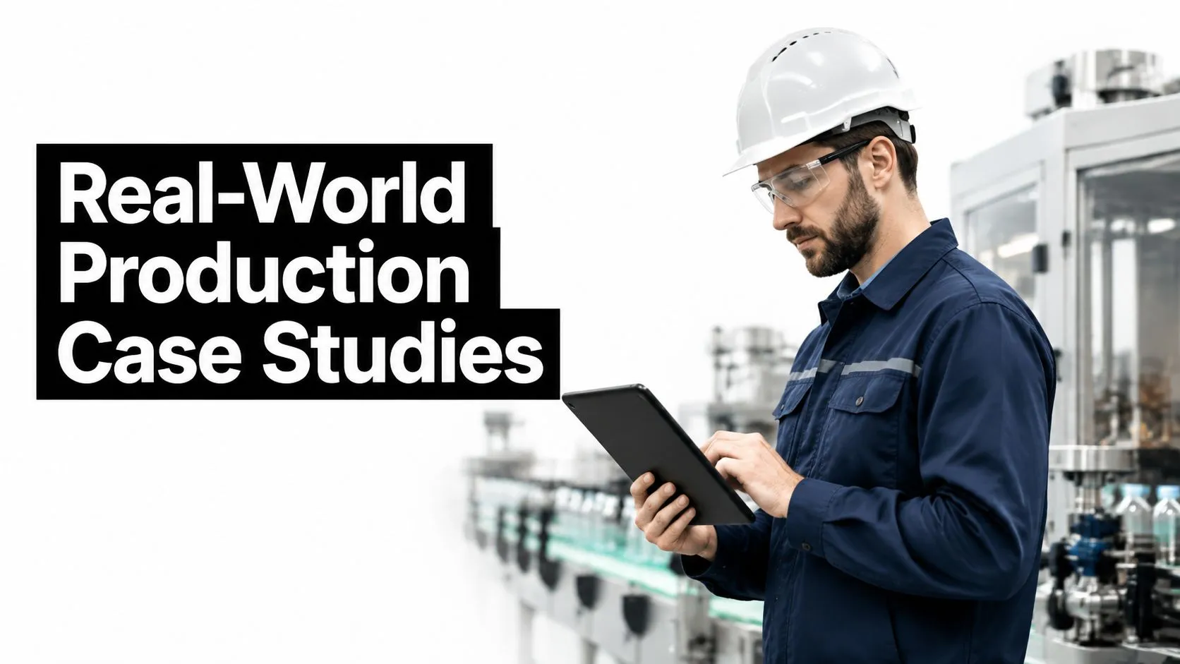 A professional engineer in a hard hat and protective glasses uses a tablet in a factory.