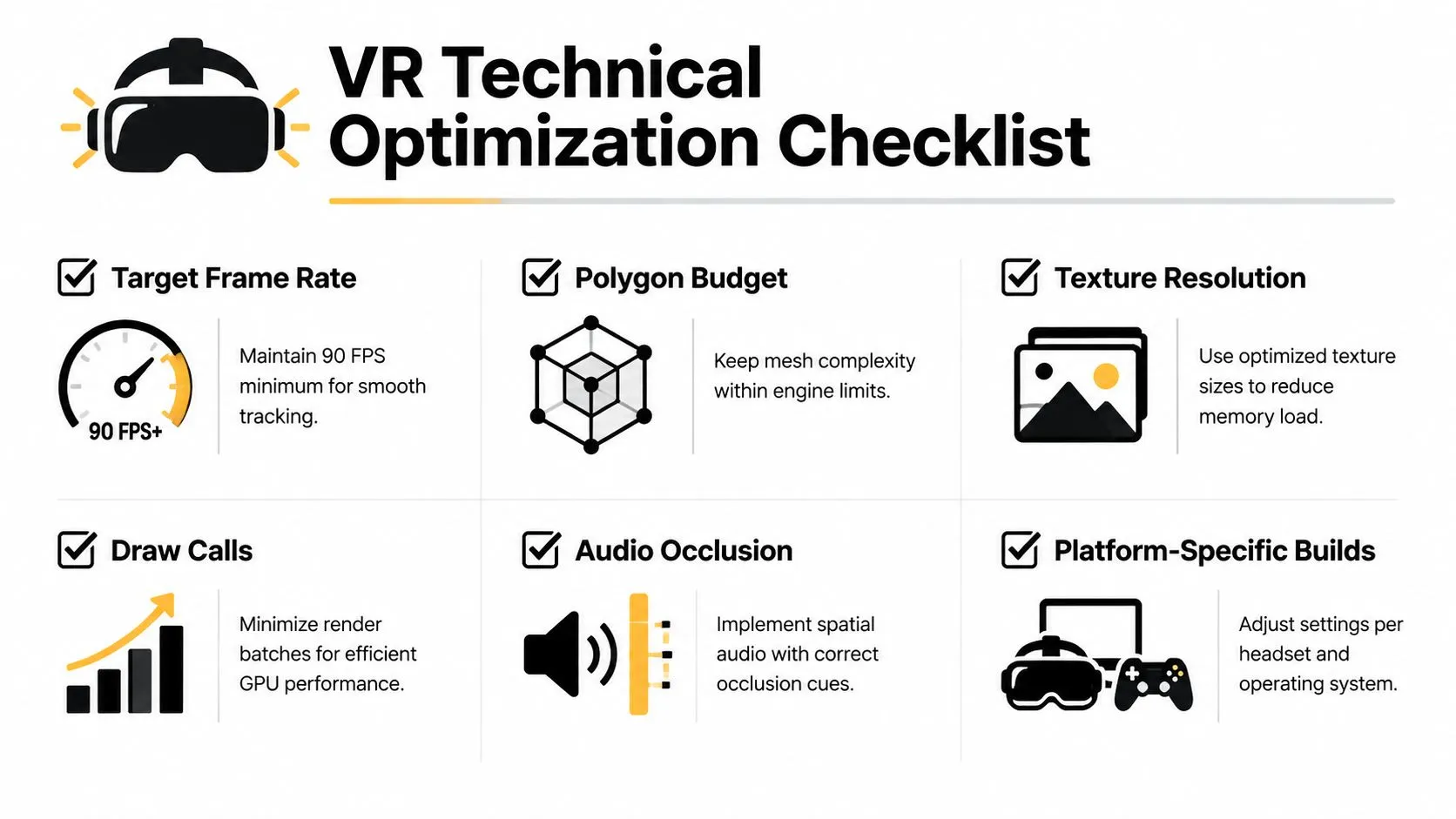 A checklist infographic outlining essential technical optimization tips for developing high-performance virtual reality applications and games.