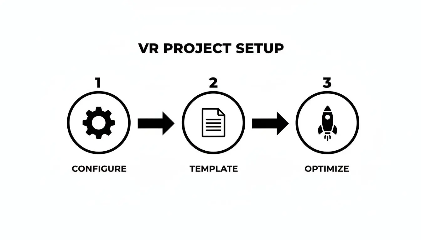 A simple diagram outlines the three-step VR project setup process: Configure, Template, Optimize.