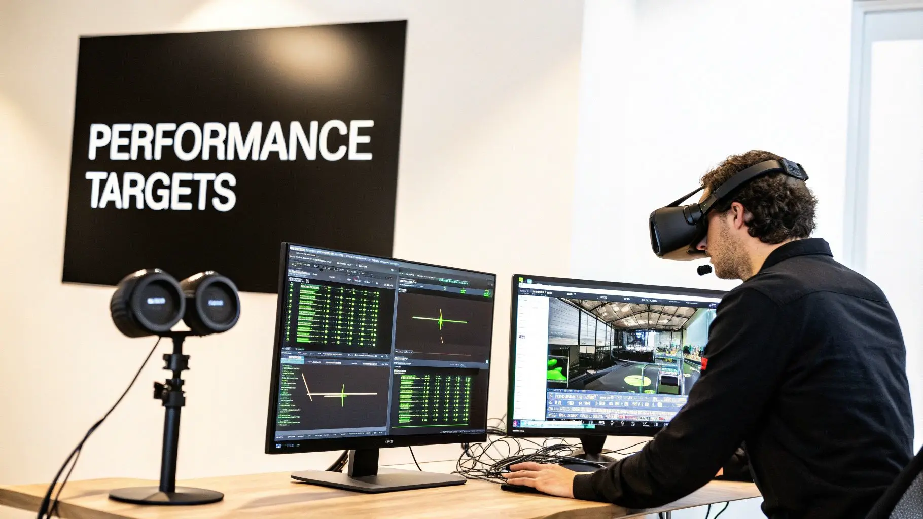 A person in a VR headset works on dual monitors, displaying a virtual environment and performance data.