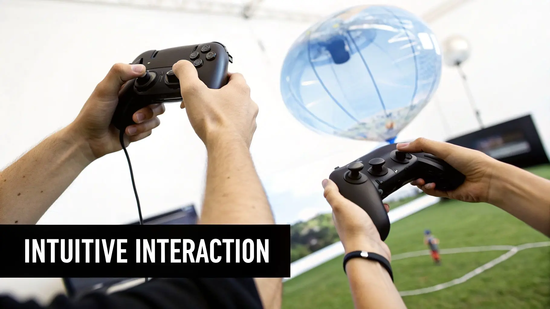 Two people hold black video game controllers, engaging in an interactive gaming experience.