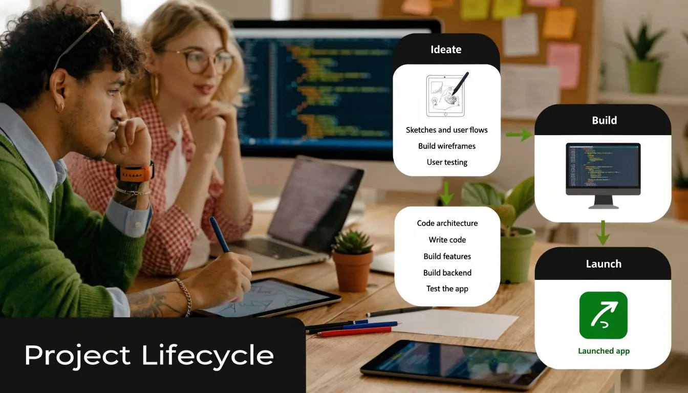 A diagram illustrating the project lifecycle process from ideation and building to launching a web application.