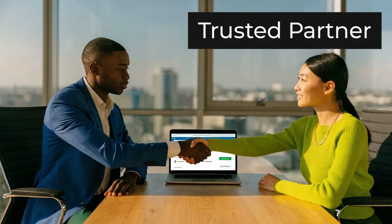 A professional man and woman shaking hands across a table with a laptop in an office.