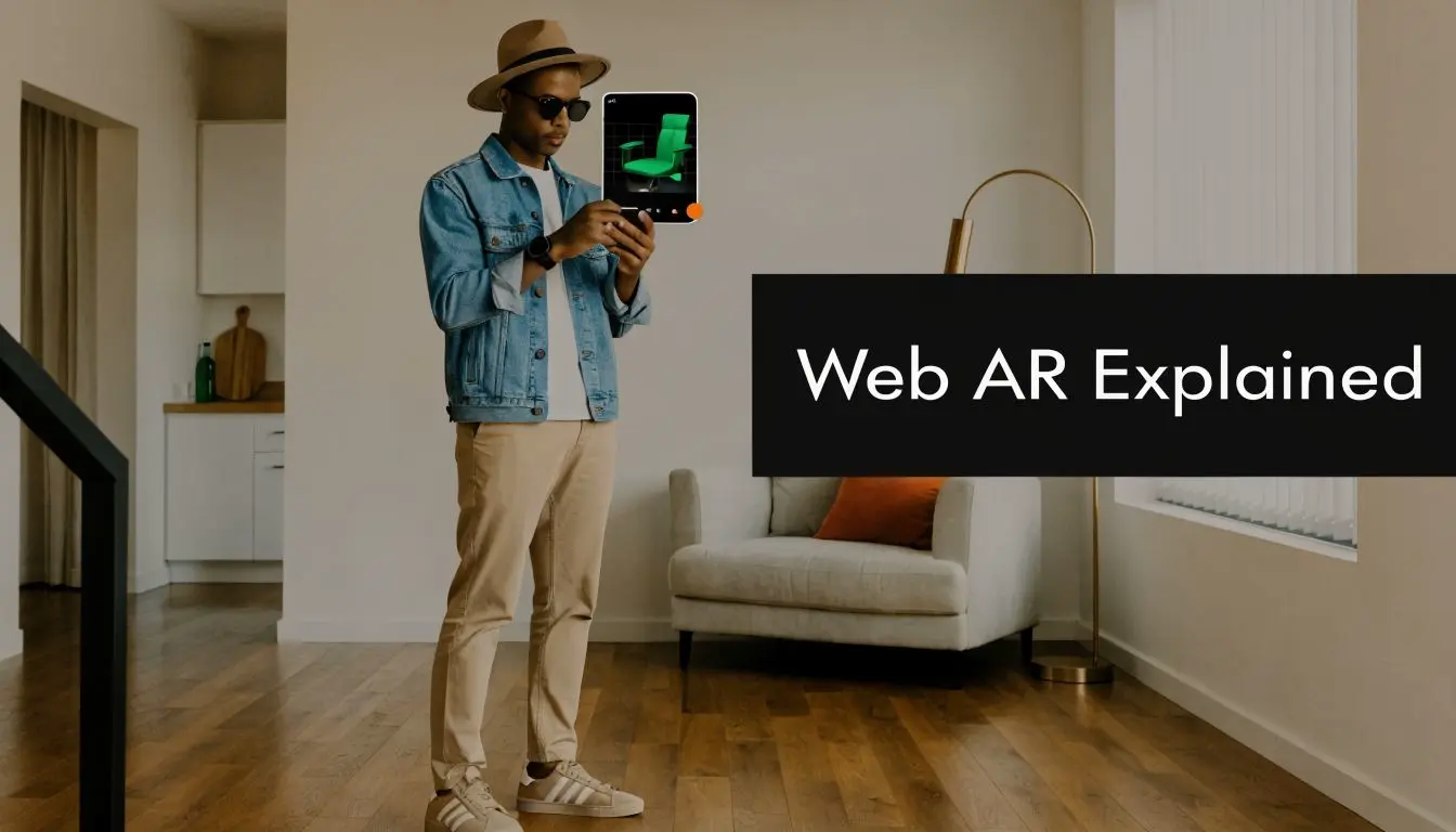 A man wearing a hat and sunglasses uses a tablet to view a 3D green chair in Web AR.