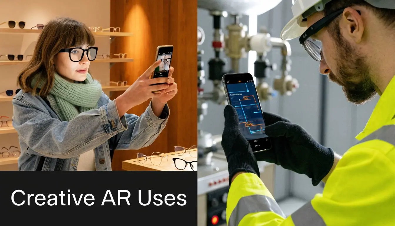 A split-screen image showing a woman using AR for shopping and a worker using AR for maintenance.
