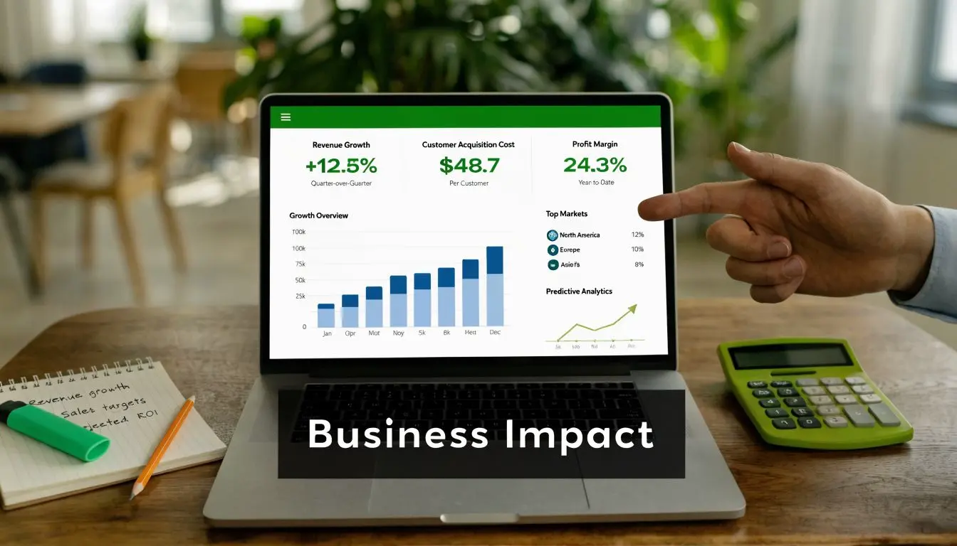 A hand pointing at a laptop screen displaying business growth charts and data analytics in an office.