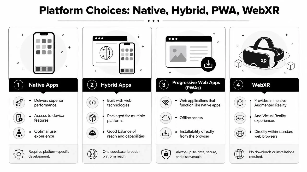 A comparison chart outlining the key differences between Native Apps, Hybrid Apps, PWAs, and WebXR technologies.