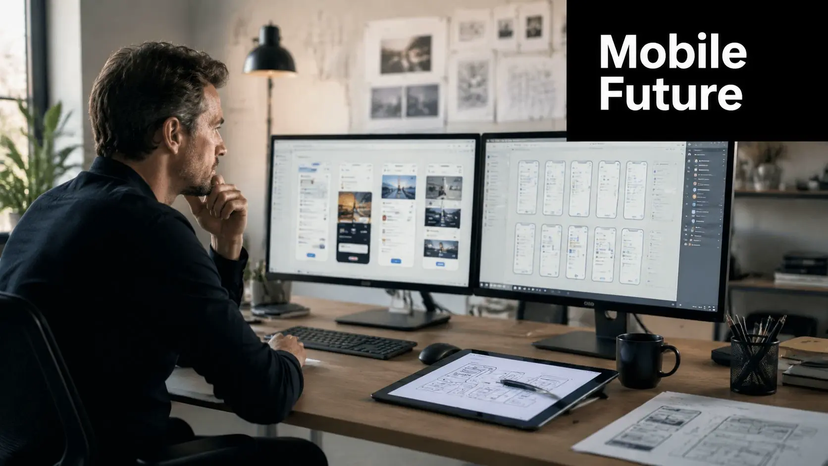 A professional UI/UX designer working on mobile app interface designs at a dual monitor workstation.