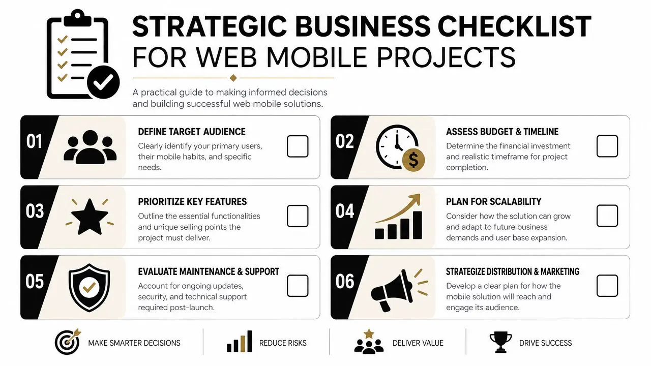 A strategic business checklist infographic for planning web mobile projects with six key development steps.