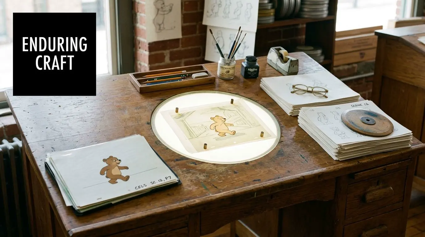 A professional animator's wooden desk with sketches of Winnie the Pooh and traditional animation tools.