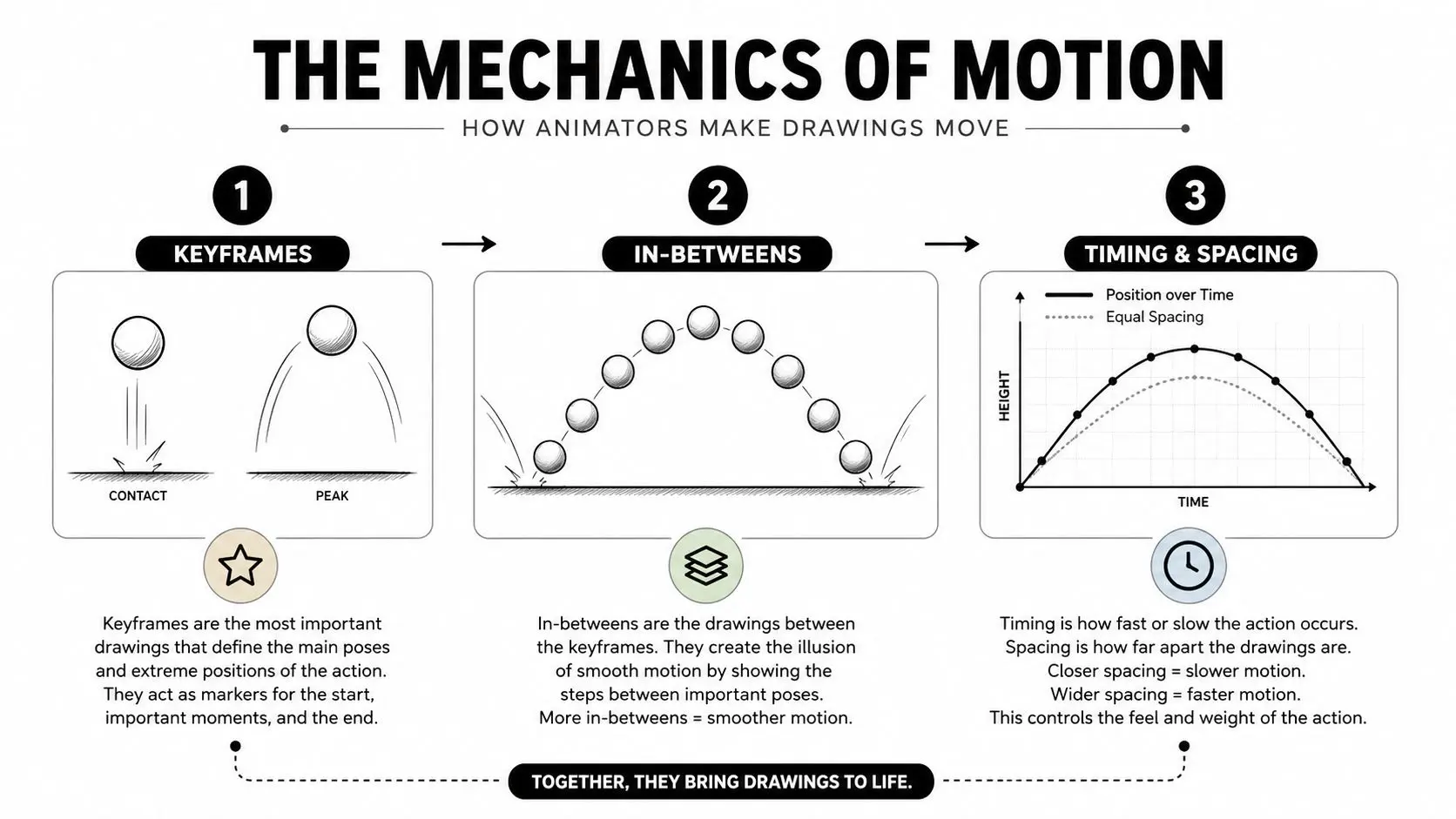 An infographic titled The Mechanics of Motion illustrating keyframes, in-betweens, and timing and spacing in animation.