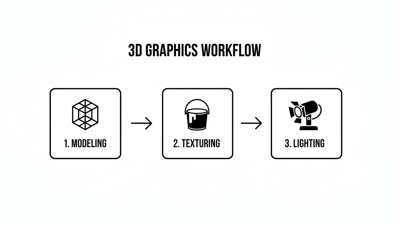A 3D graphics workflow diagram illustrating modeling, texturing, and lighting stages with icons.