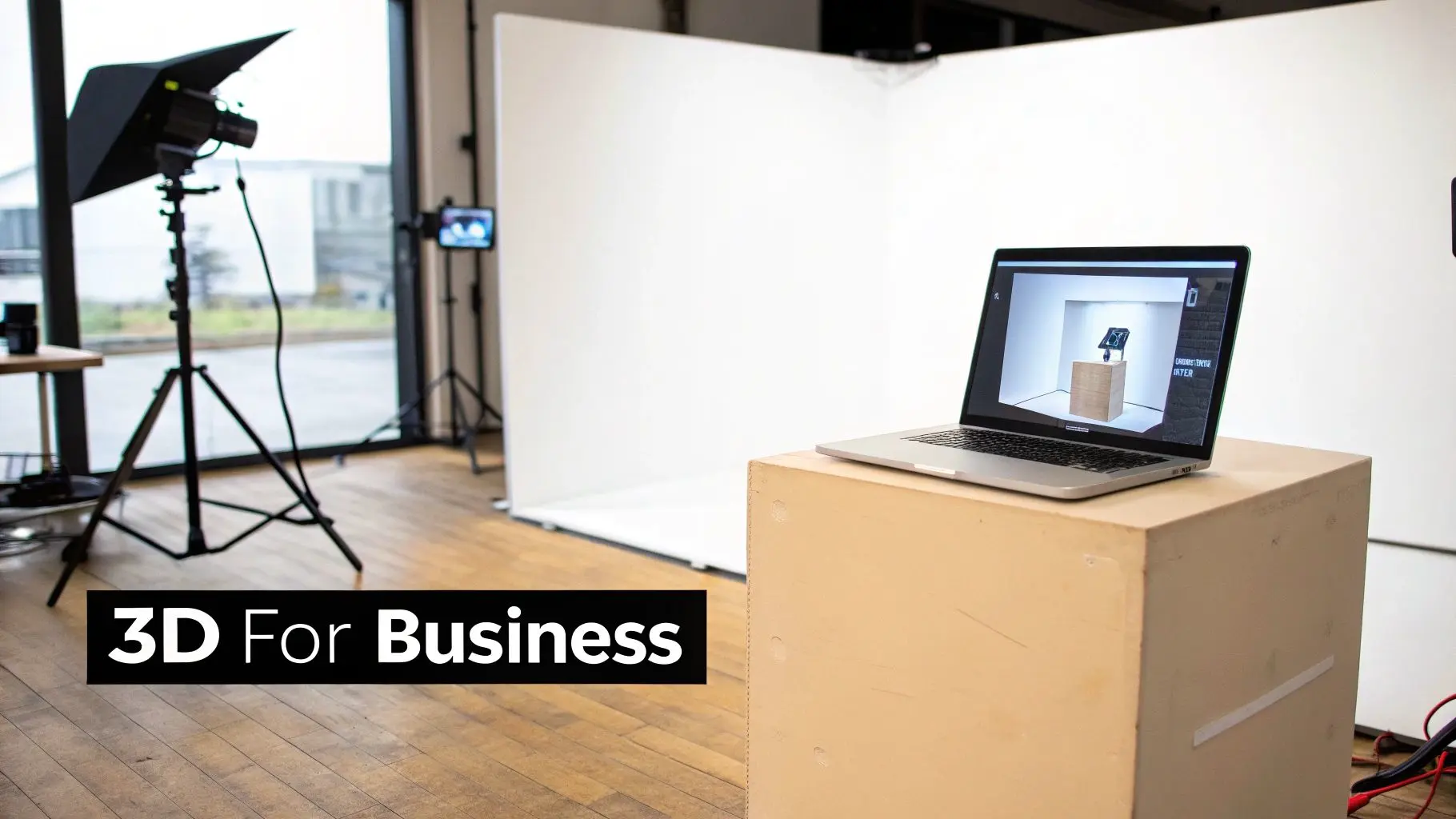 A photography studio scene with a laptop displaying a 3D product render against a white background.