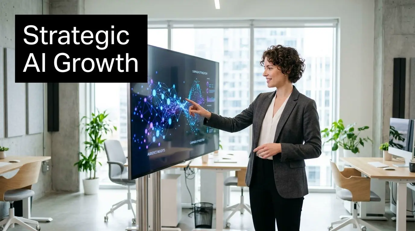 A businesswoman points at a screen showing a glowing digital data network chart in a modern office.