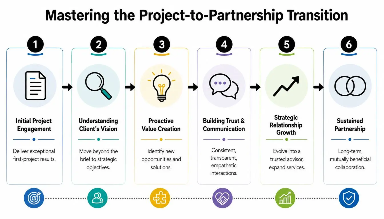 A six-step infographic illustrating the progression from initial project engagement to a sustained, long-term business partnership.