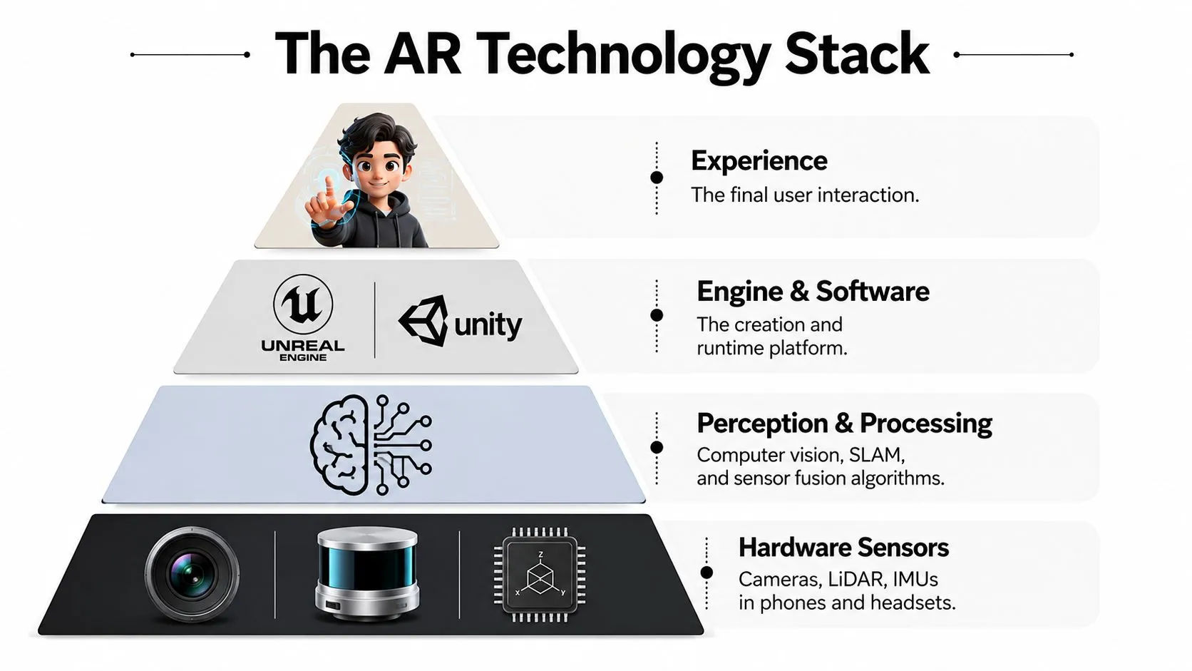 An infographic pyramid chart illustrating the four layers of the AR technology stack from hardware to user experience.