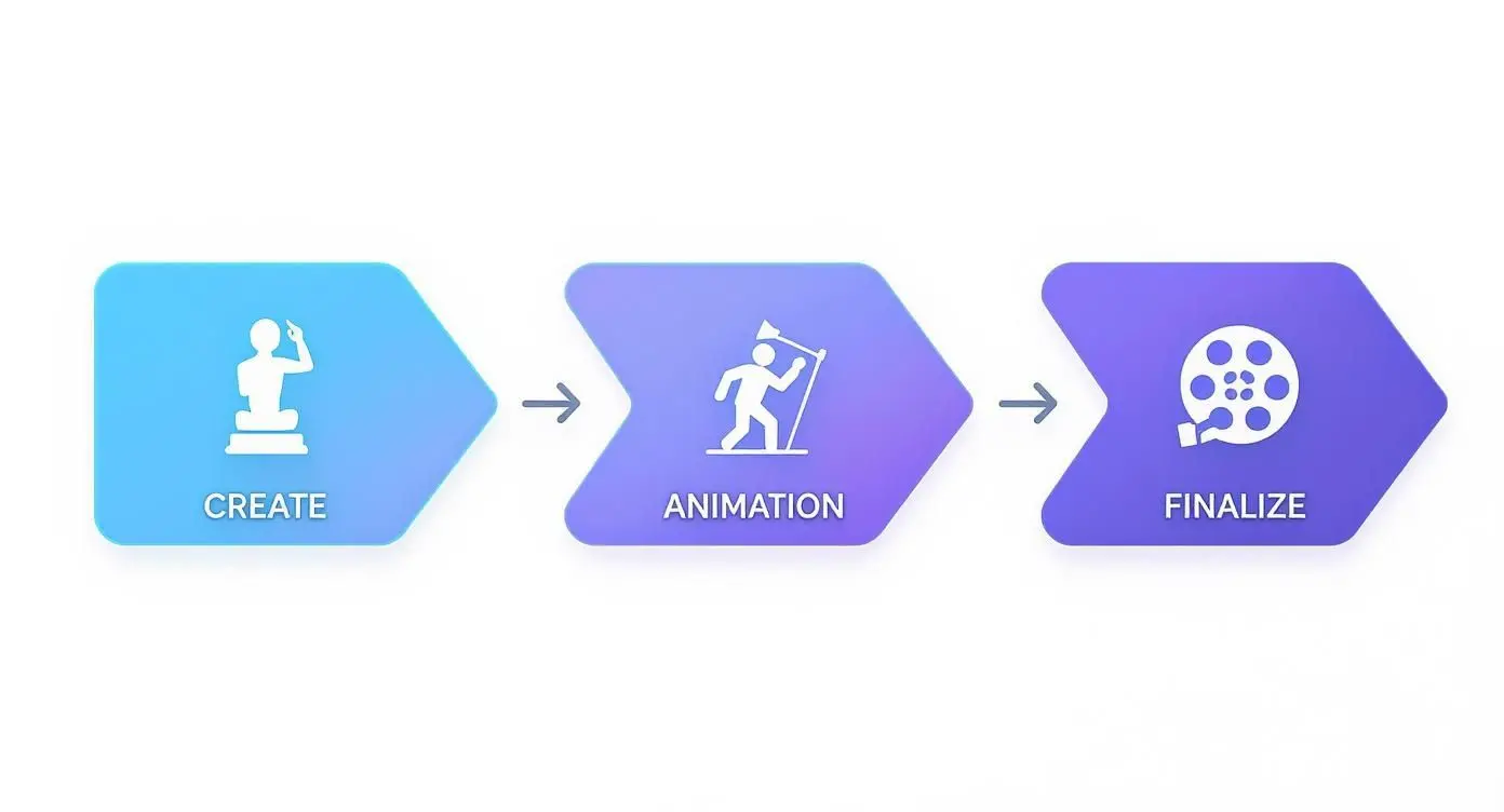 Three-step process diagram for animation production: Create, Animation, Finalize, each with a relevant icon.