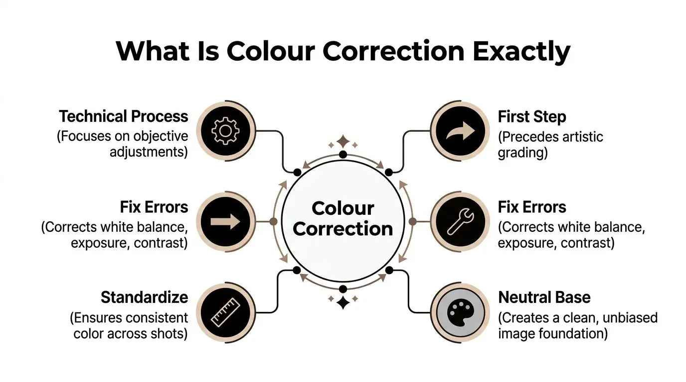 A diagram explaining colour correction, highlighting it as a technical process for fixing image consistency.