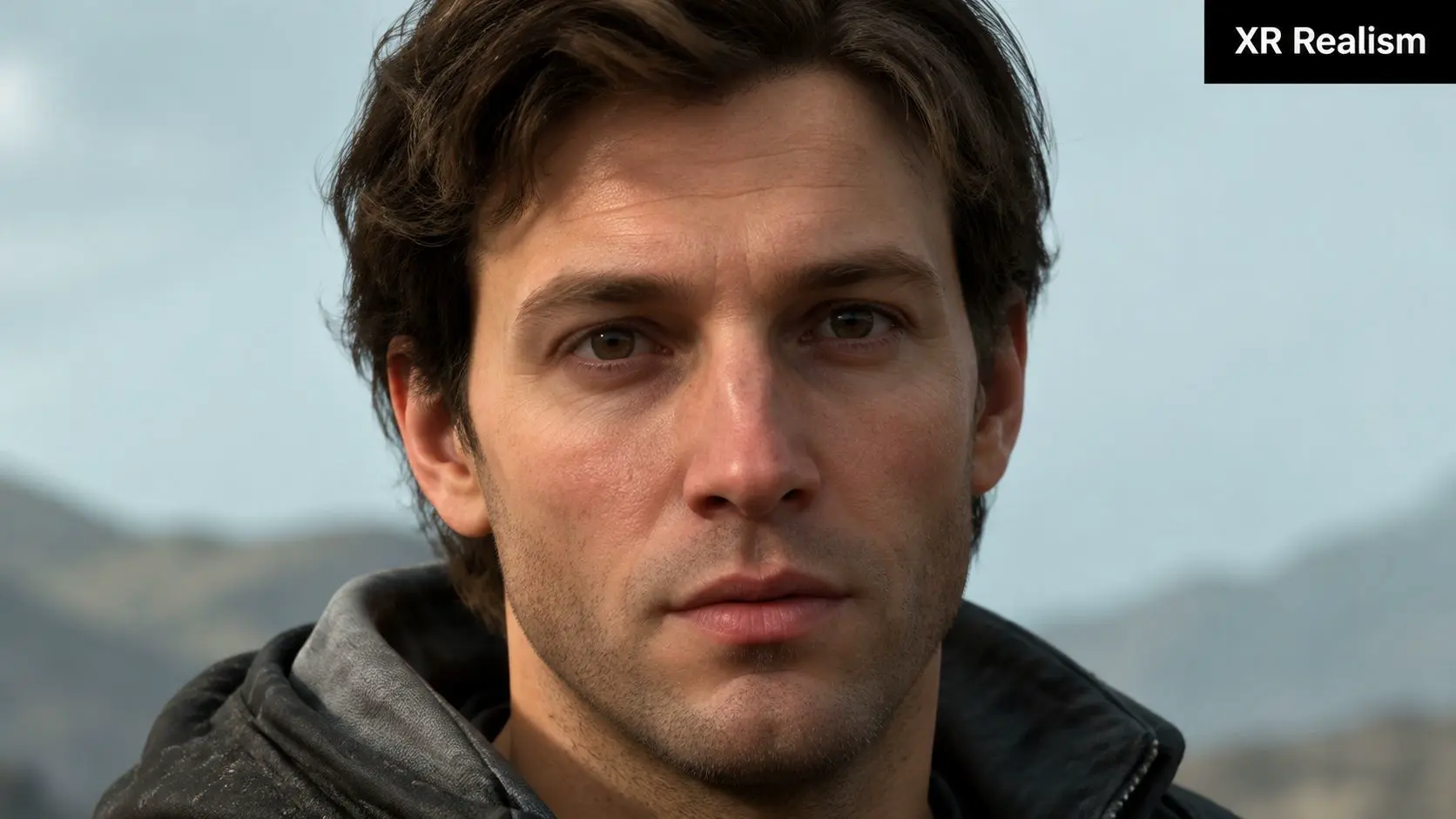 A close up portrait of a realistic man with brown hair wearing a dark jacket outdoors.