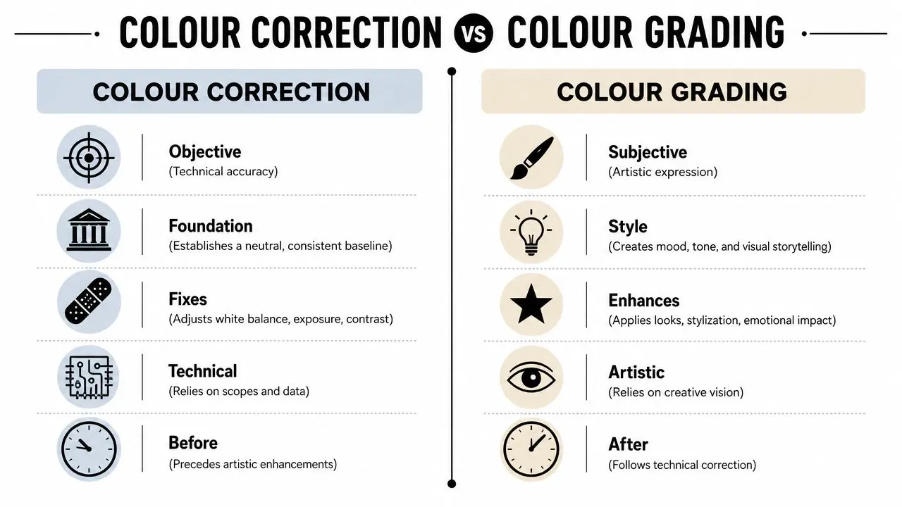 A comparison chart outlining the key differences between technical color correction and artistic color grading in video editing.