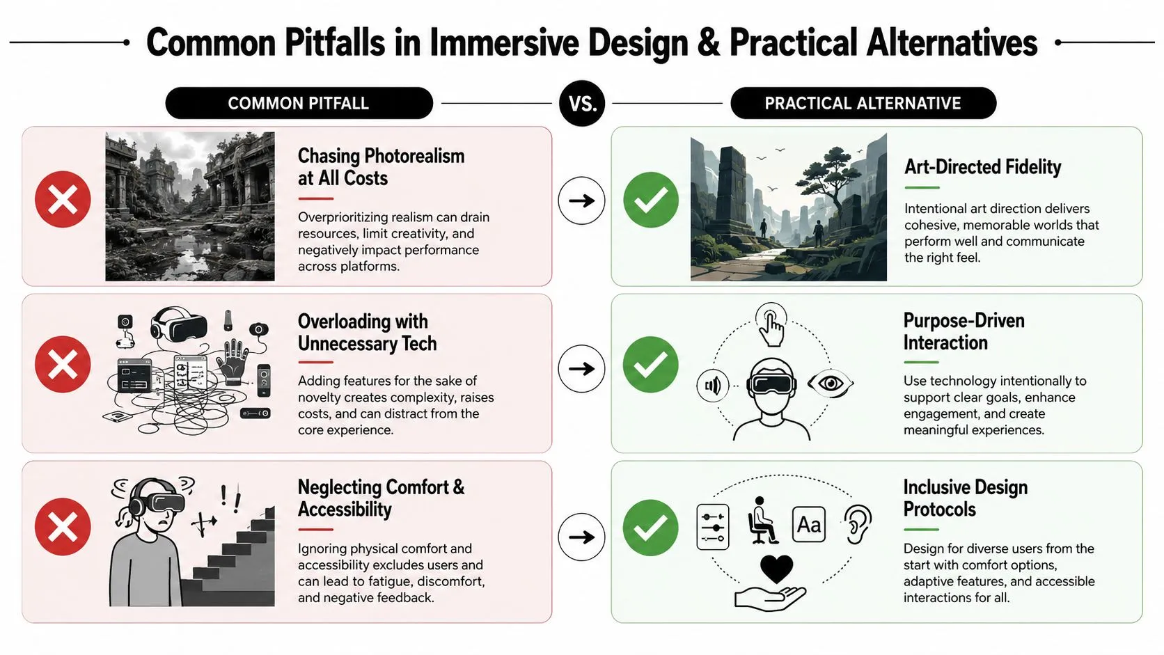 A comparison chart showing common pitfalls and practical alternatives in immersive experience design for better user engagement.