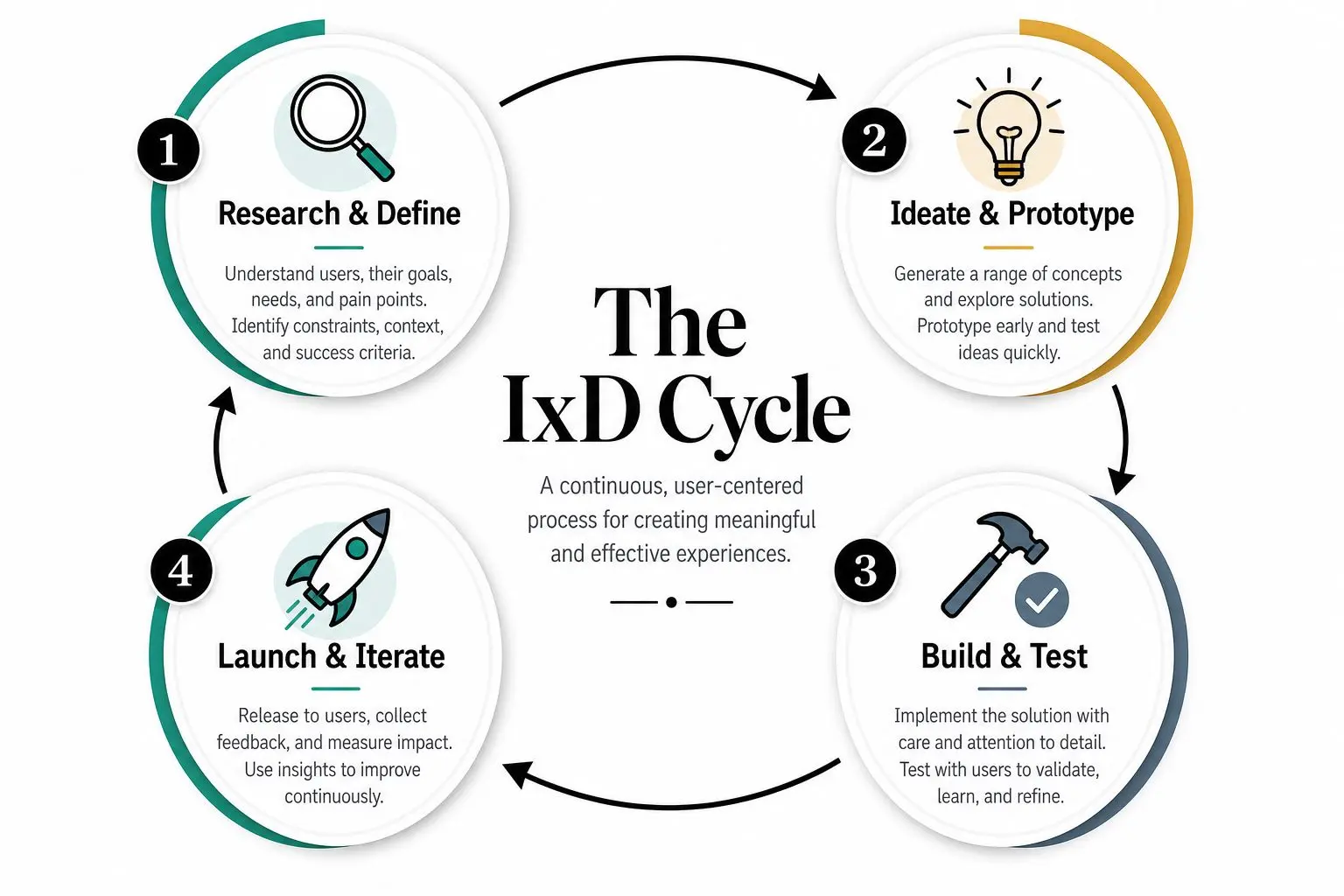 A circular diagram illustrating the four-step iterative IxD cycle for user-centered design and product development.