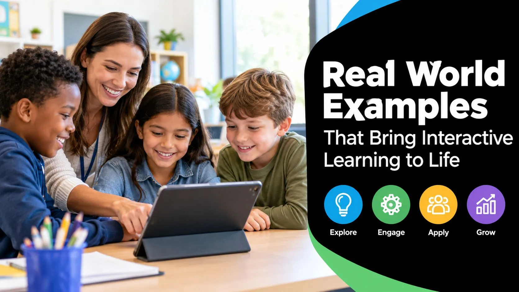 A teacher and three diverse students engaging with a tablet in an interactive classroom learning environment.