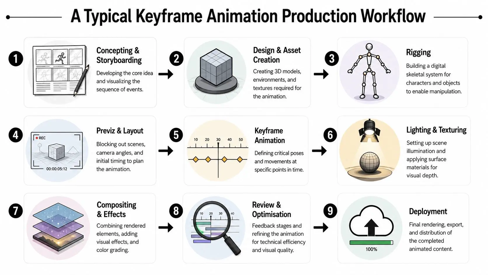 A detailed nine-step infographic diagram explaining the standard sequential workflow for keyframe animation production.