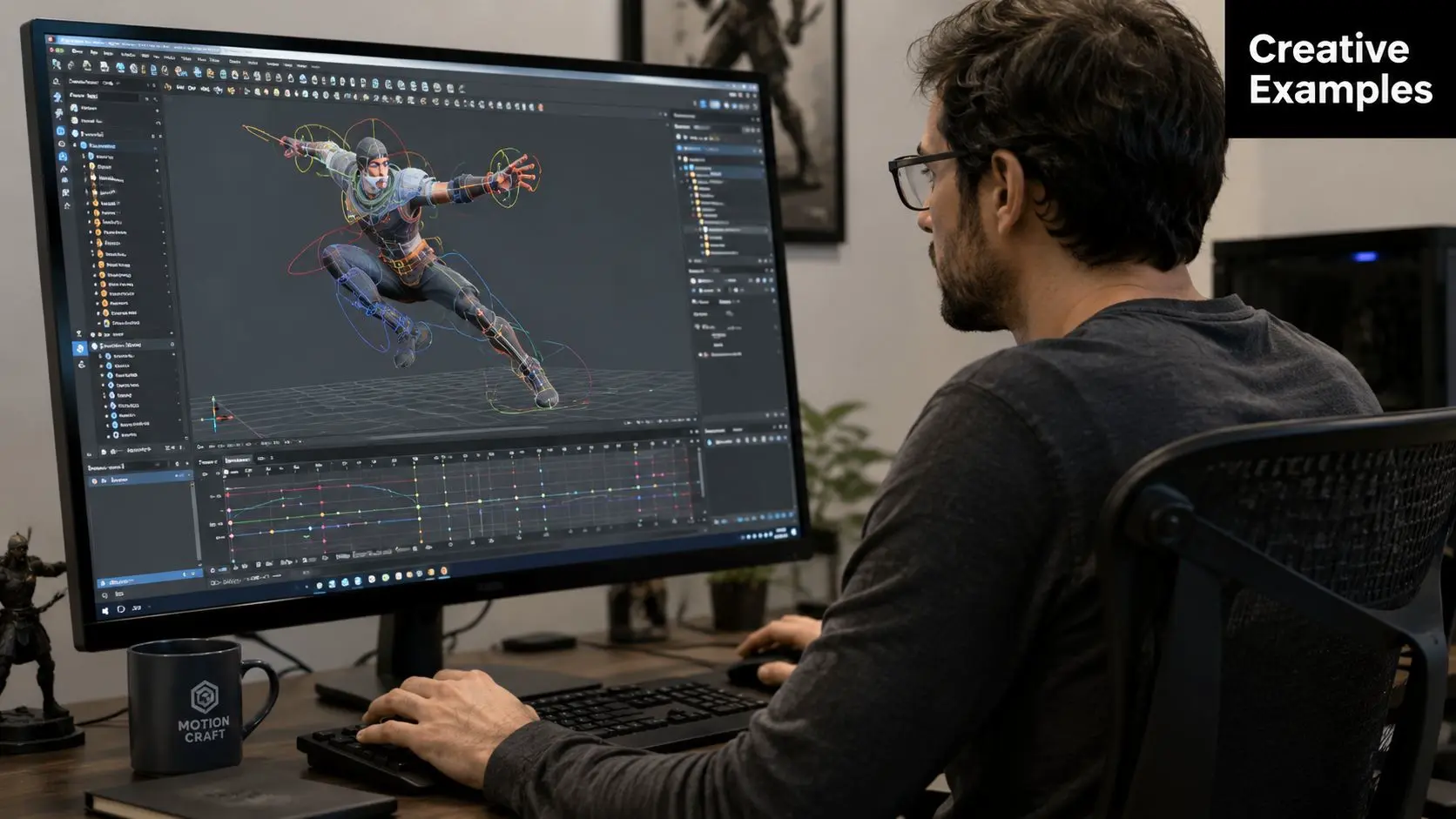 An animator working on a 3D character animation project using professional software on a desktop monitor.